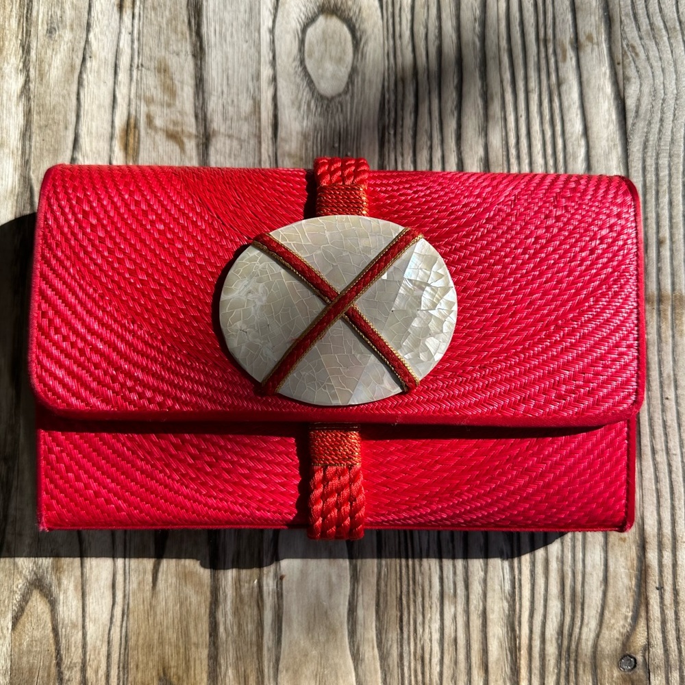 Vintage Cora Jacobs Red Woven Raffia Clutch / Shoulder Evening Bag